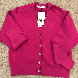 NWT ZARA Pink Embellished Cardigan Top Diamond Floral Buttons Size Small
